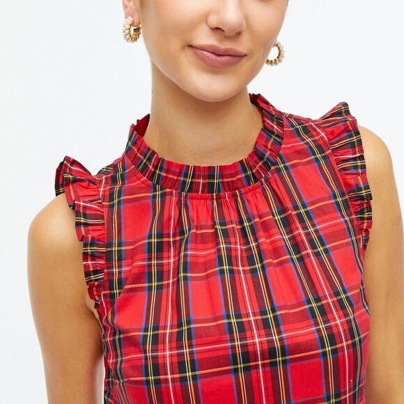 J CREW NWOT BC706 Holiday Trendy RED Tartan Plaid Tiered Ruffle Midi Dress Sz 12 - Picture 2 of 11